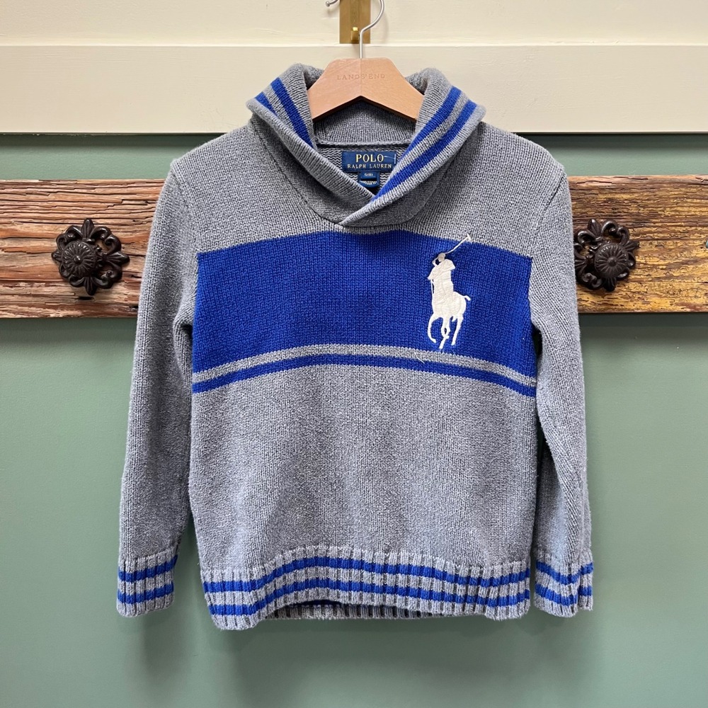 Polo Ralph Lauren Boys Grey Blue Big Pony Shawl Collar Cotton Sweater Size S 8
